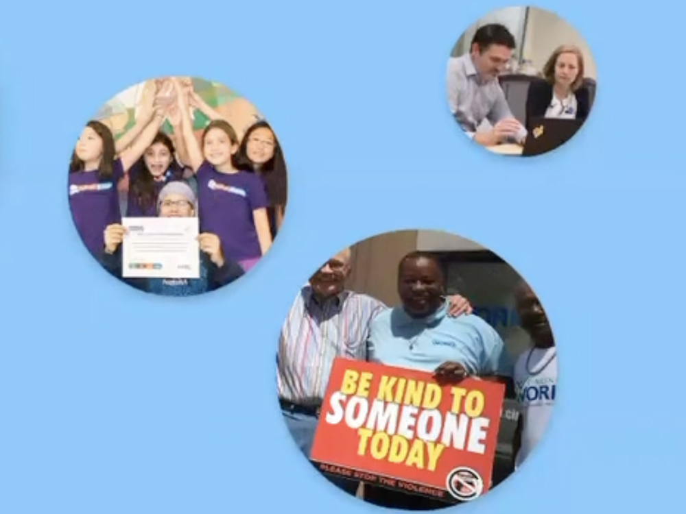 This image features a slide from the related resource. Images of community events are cropped into circles on a blue background..