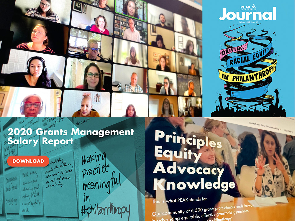 A montage of images depicting a virtual PEAK event, a cover of the Journal, the cover of PEAK's salary report, and PEAK's homepage