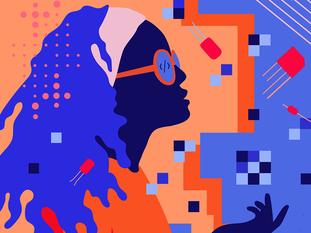 A digital illustration by Amanda Phingbodhipakkiya of the profile of a curly-haired woman wearing sunglasses, surrounded by blue, orange and navy squares.