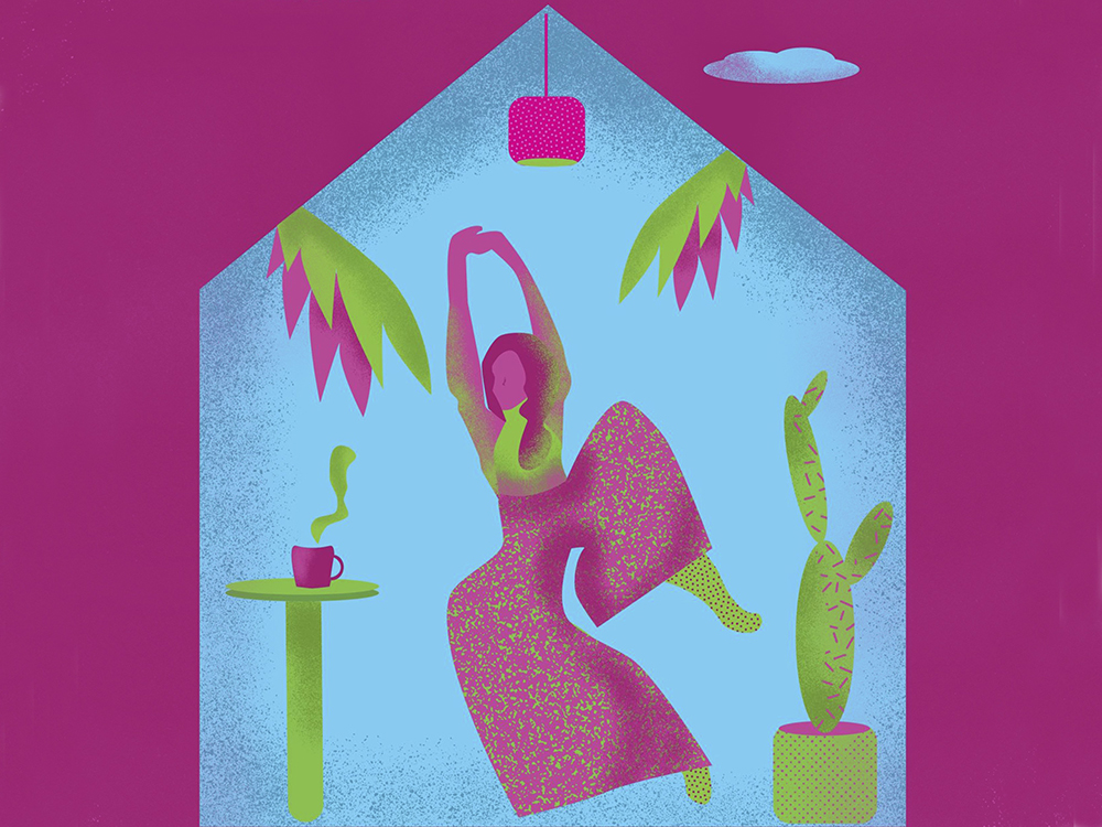 An abstract illustration of a woman doing stretching exercises at home