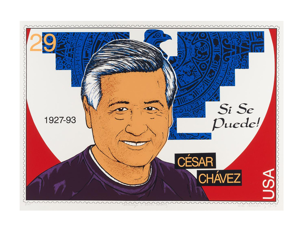A US postage stamp with the likeness of Cesar Chavez in front of the United Farm Workers' flag and the motto "Si se puede," which translates into English as "Yes, we can"