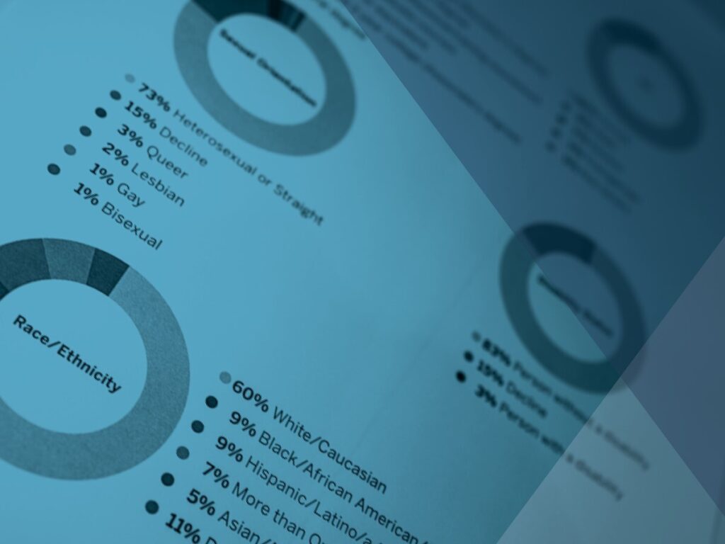 A closeup of a report page featuring demographic data donut charts and statistics
