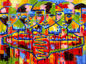 This abstract art piece is colorful with bold lines forming faces and a cityscape.