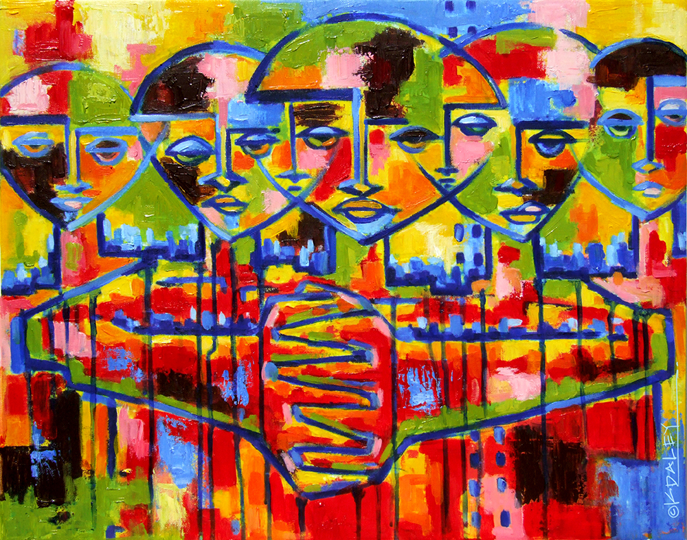 This abstract art piece is colorful with bold lines forming faces and a cityscape.