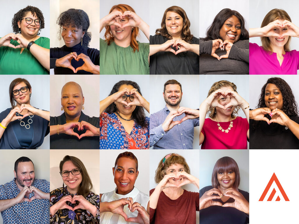 The PEAK staff appear collaged together. They are all smiling and making hearts with their hands.