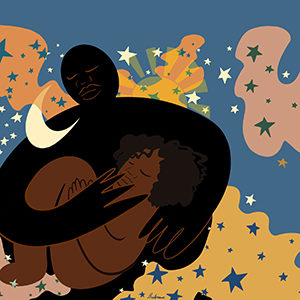 This is a close up preview of the linked piece. It shows a Black ancestor holding a young Black person, curled up on their lap. The two are in front of a celestial background, made up of blues, oranges, yellows, and creams.
