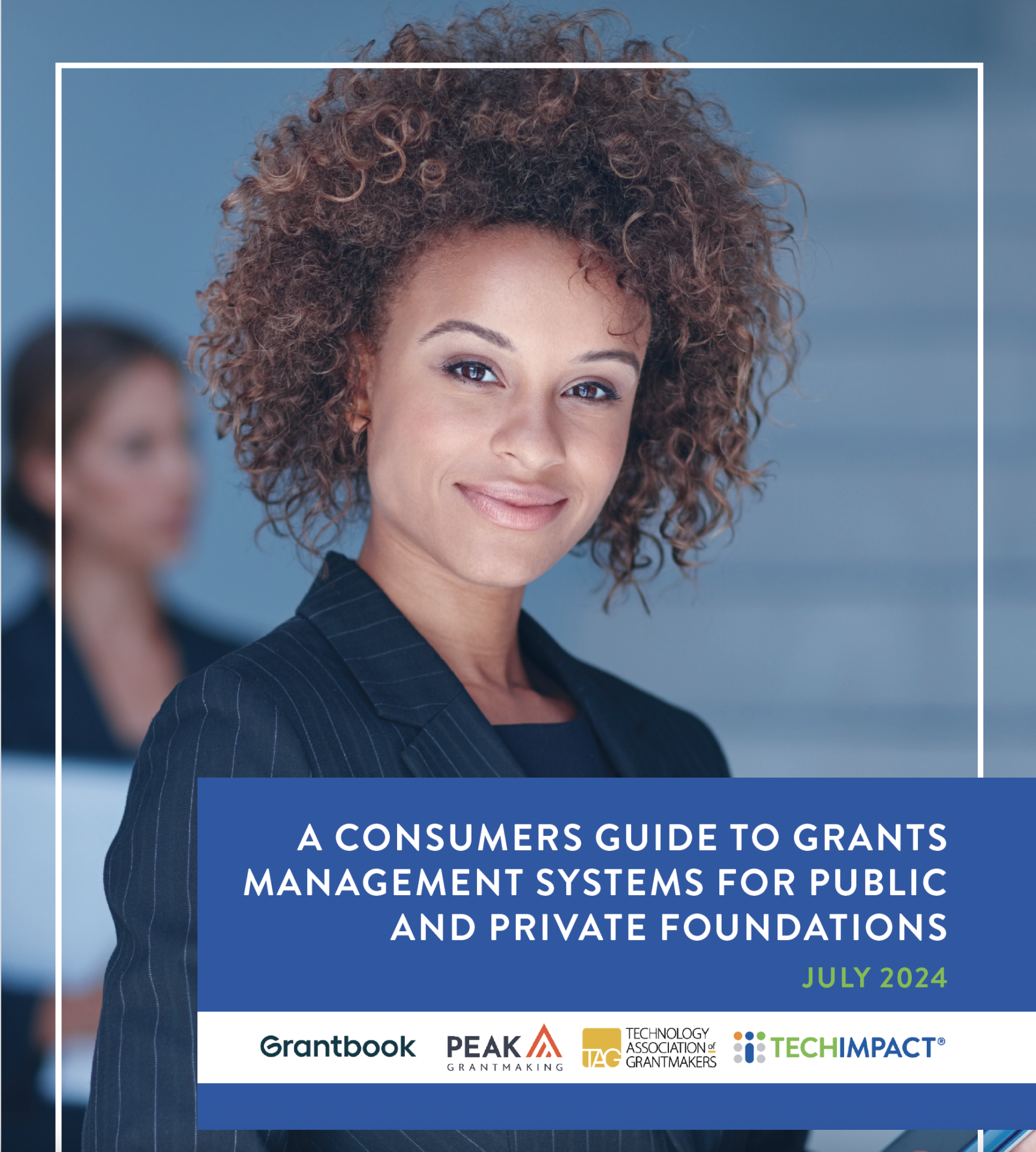 The report cover features a woman smiling in front of a blue office space.