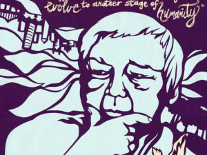 This is a close up preview of the linked image. It shows Grace Lee Boggs in blue on a purple background. She gazes to the left with her hand on her chin.