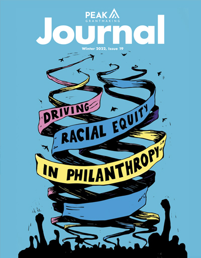 This design element features a small preview of the PEAK Grantmaking Journal cover.