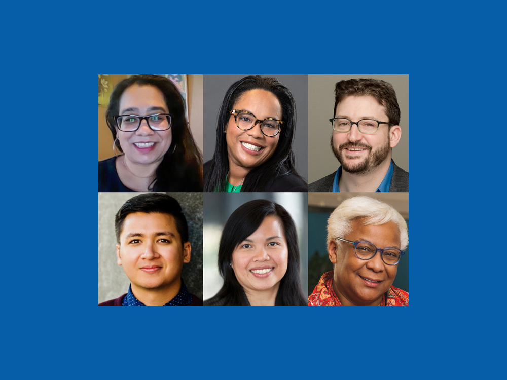 This image shows the 6 panelists in a collage style photo on a blue background. It features the headshots of Dolores, Miyesha, and Adam on the top row. It features Andrew, Chindaly, and Ursula on the bottom row. All are smiling.
