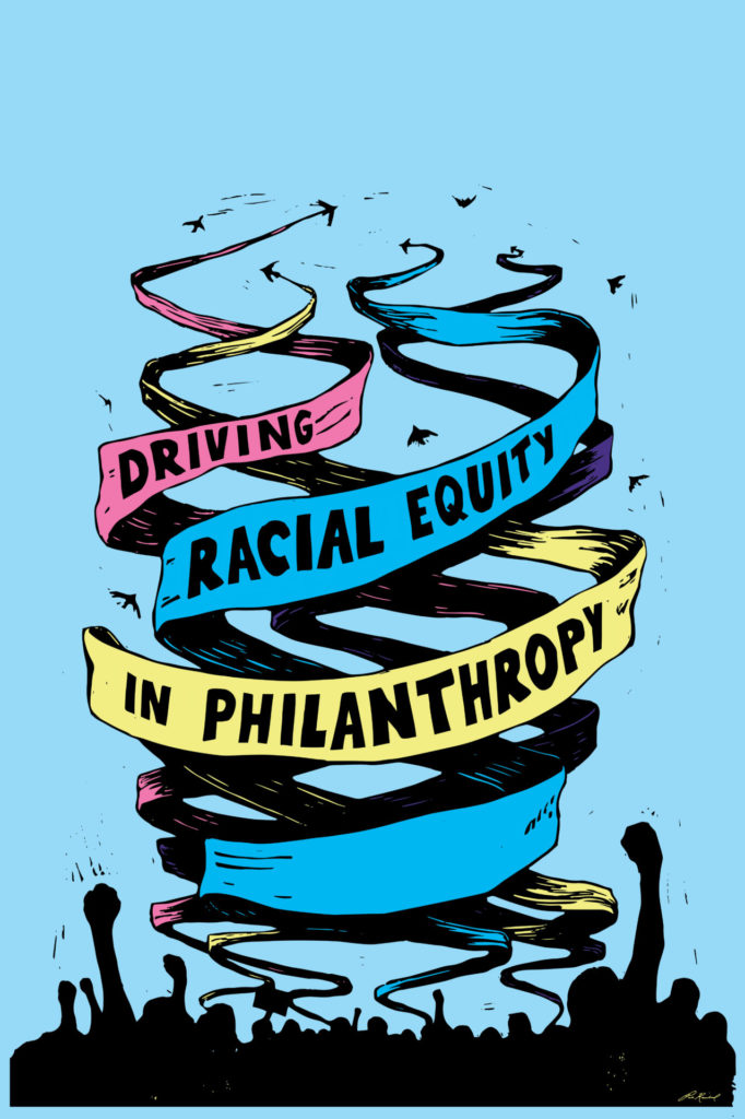 The Journal 19 cover is featured as a gallery piece. Pink, dark blue, and yellow ribbons weave over a crowd of people, who are screenprinted in an inky black. "Driving Racial Equity in Philanthropy" is written across the ribbons.