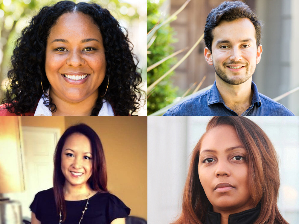 A photocollage featuring headshots of Malila Becton-Consuegra, Brandi Howard, Elaine Mui, and Daniel Oviedo