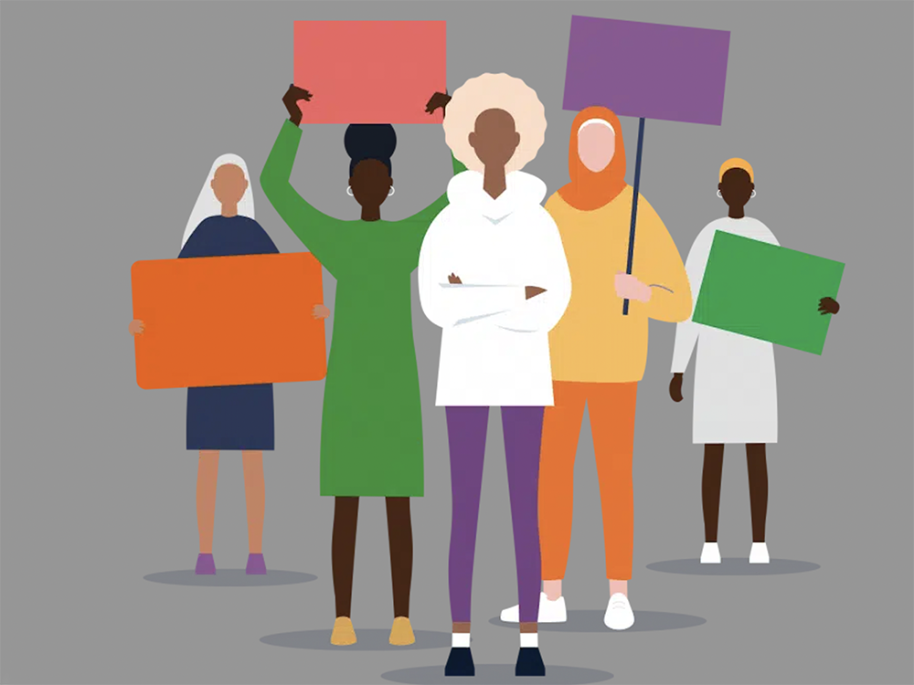 An illustration of BIPOC people standing and holding signs