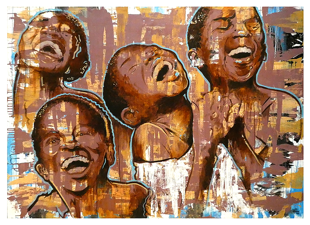 This painting highlights Black boy joy as four boys laugh together in various poses.