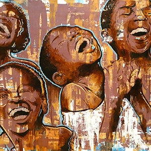 This image is a smaller version of the linked photo. It shows Black boy joy as four boys laugh together in various poses.