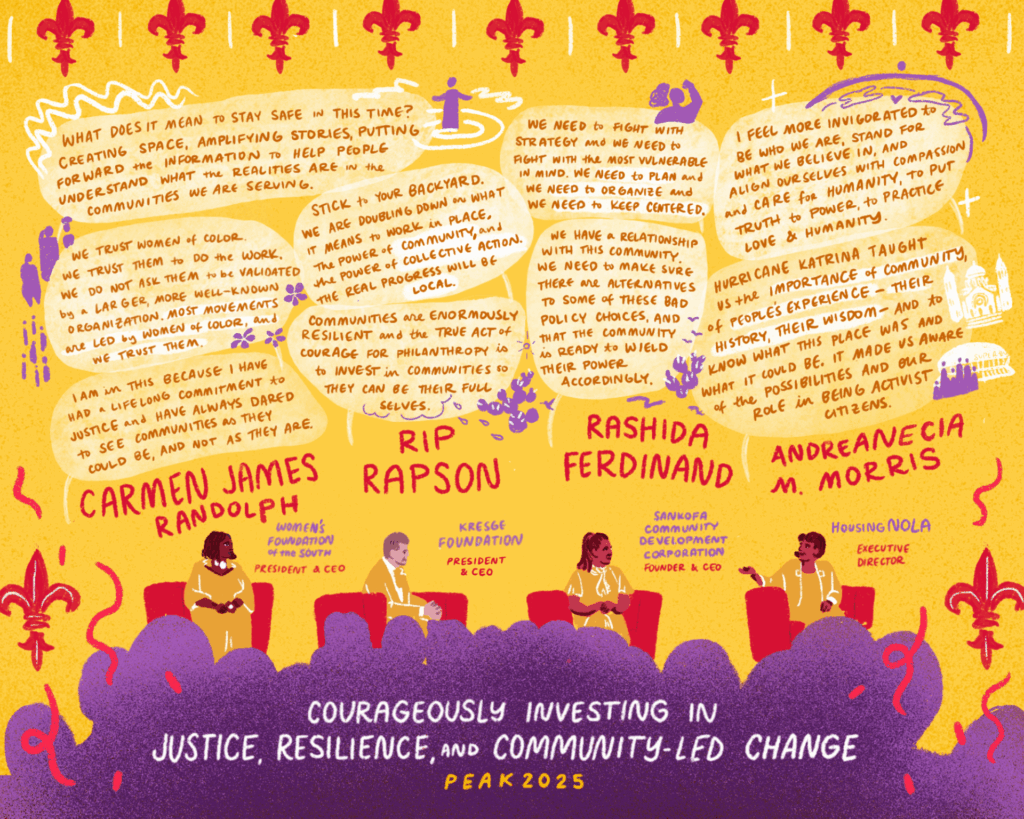 A graphic illustration in yellow, purple and red of quotes by Carmen James Randolph, Rip Rapson, Rashida Ferdinand, and Andreanecia M. Morris.