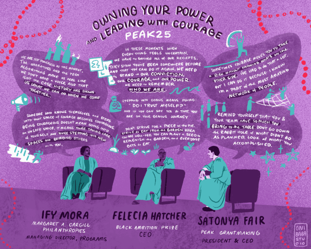 A graphic illustration in purple and teal of quotes by Satonya Fair, Felecia Hatcher, and Ify Mora. 
