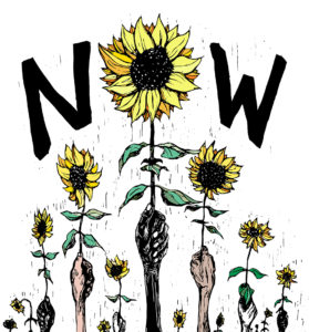 This printed piece shows hands of various skin colors holding up sunflowers. NOW is spelled above them, with a sunflower head in place of the O.