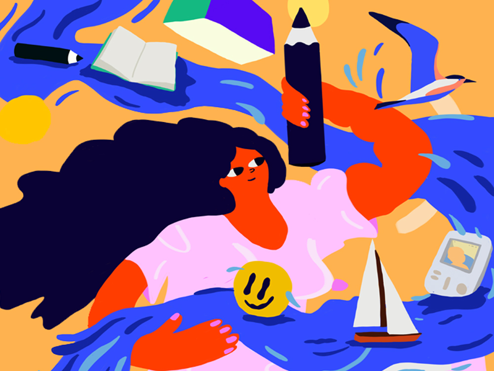 A graphic design illustration by Ové Pictures of a dark-haired woman holding a pencil and carrying the flow of a river