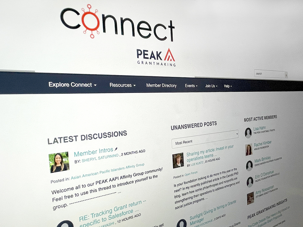 A shot of the CONNECT homepage, featuring grantmaker discussions and questions