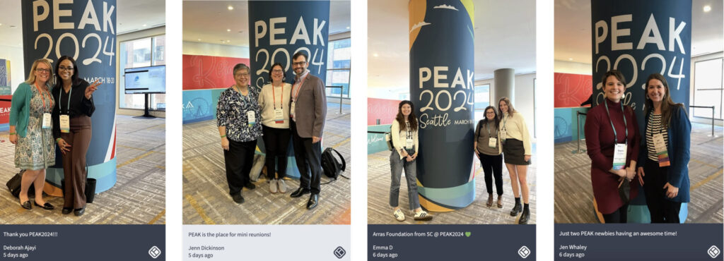 Various attendees pose in front of a PEAK2024 branded column.