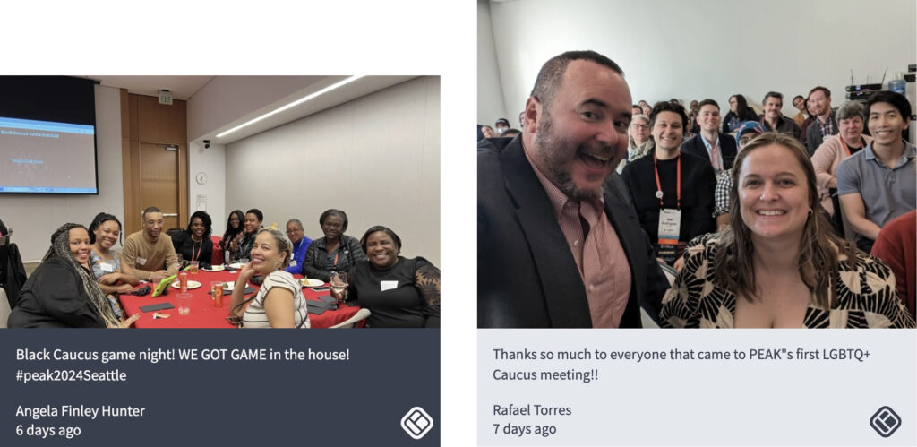 Various attendees pose for caucus group photos.