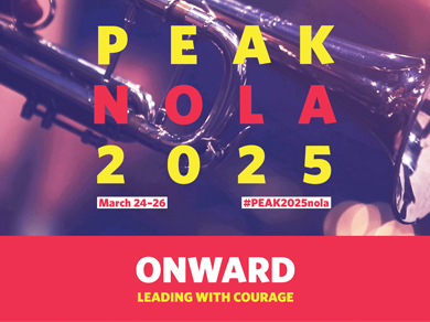 A graphic design image of a trumpet overlaid with yellow, red and white text that reads: PEAK NOLA 2025; March 24-26; #PEAK2025nola; Onward; Leading with Courage