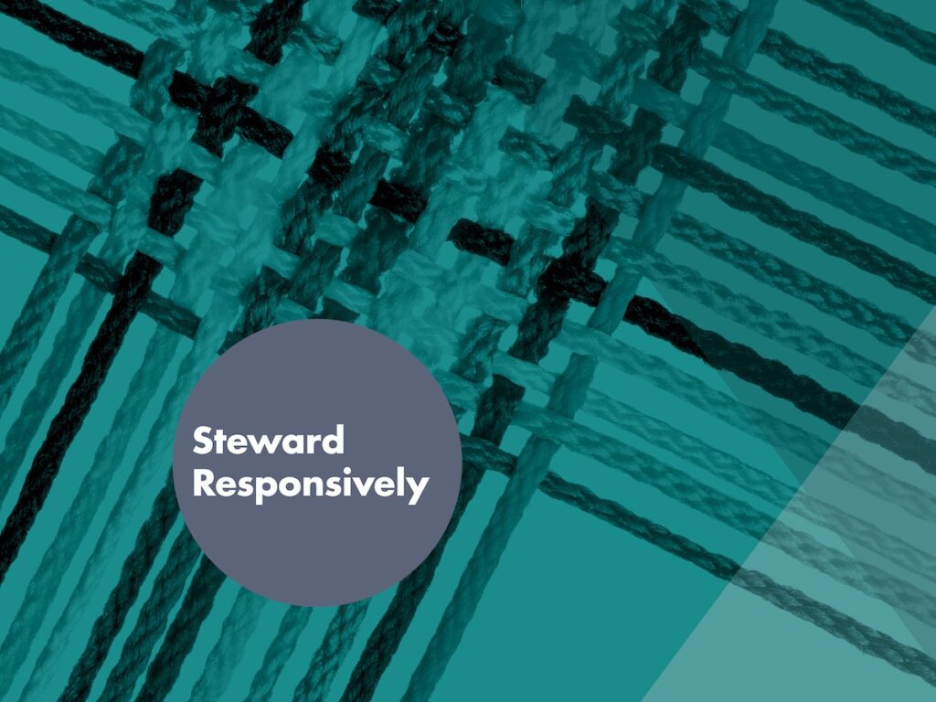 A design view of the Steward Responsively white text on a dark grey circle. The background is an overlay of teal of fabric zoomed in to see the threads crossing in a weave pattern