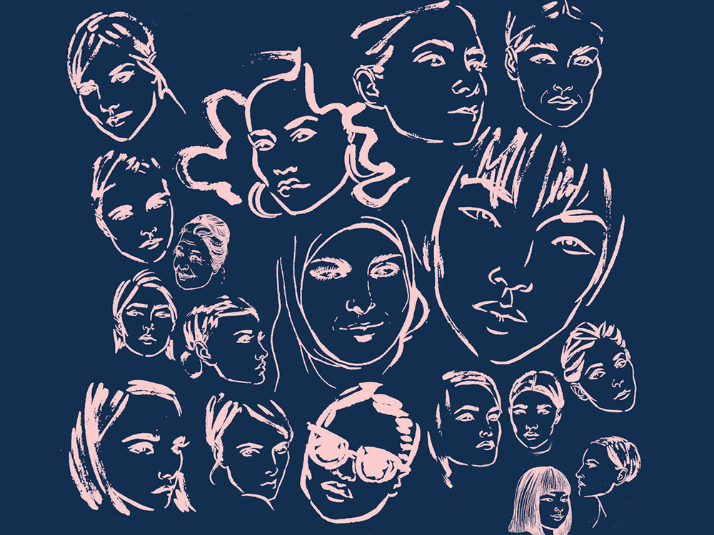 Women's faces are drawn in an illustrative style on a blue background.
