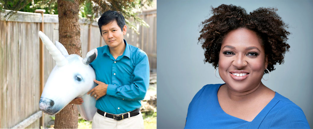 Vu's and Amoretta's headshots are side by side. Vu holds a unicorn, while Amoretta smiles.