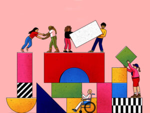 A graphic illustration of six people carrying building blocks.