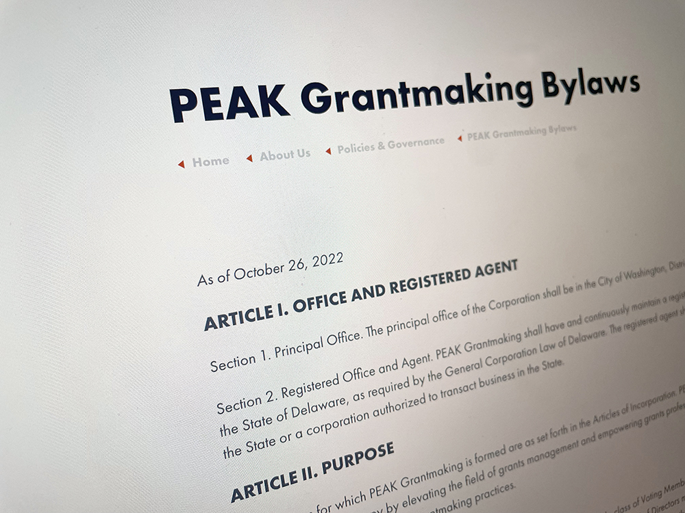 A screenshot showing PEAK's bylaws as they appear online