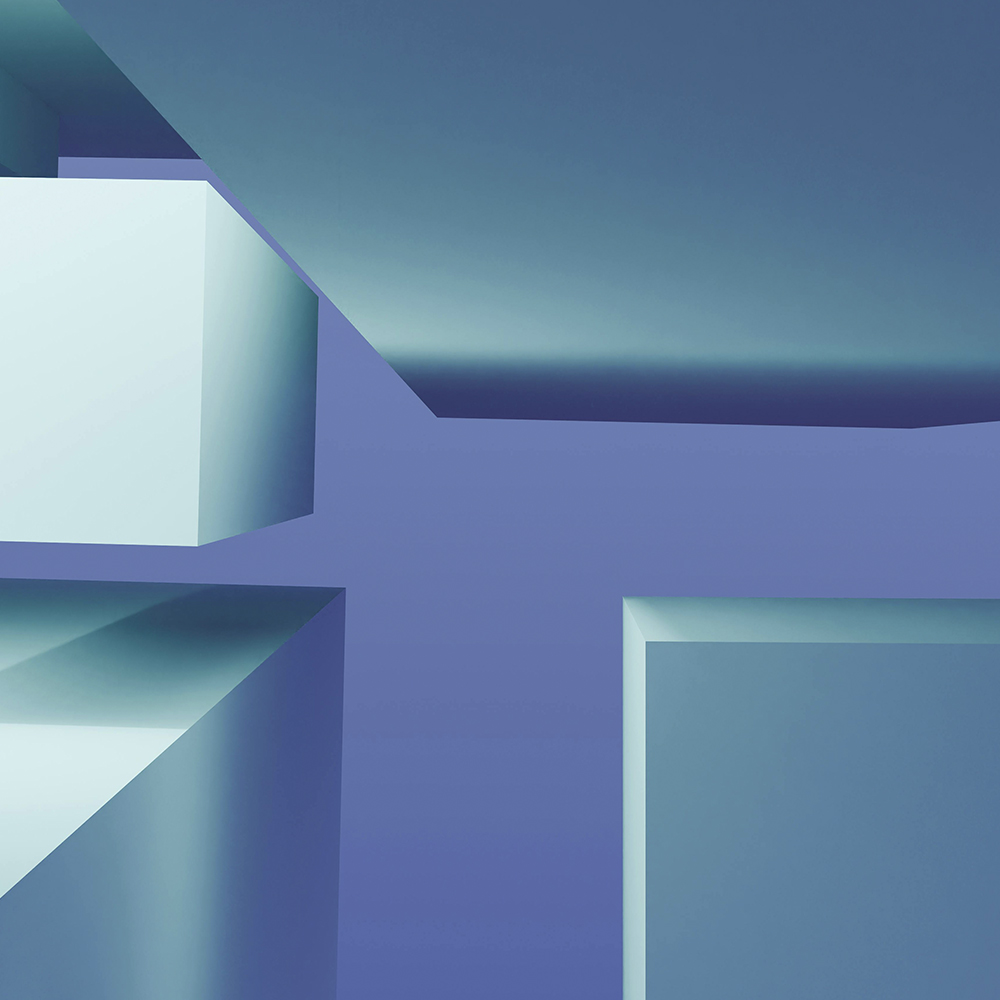An abstract rendering of blue and green blocks over a blue sky.