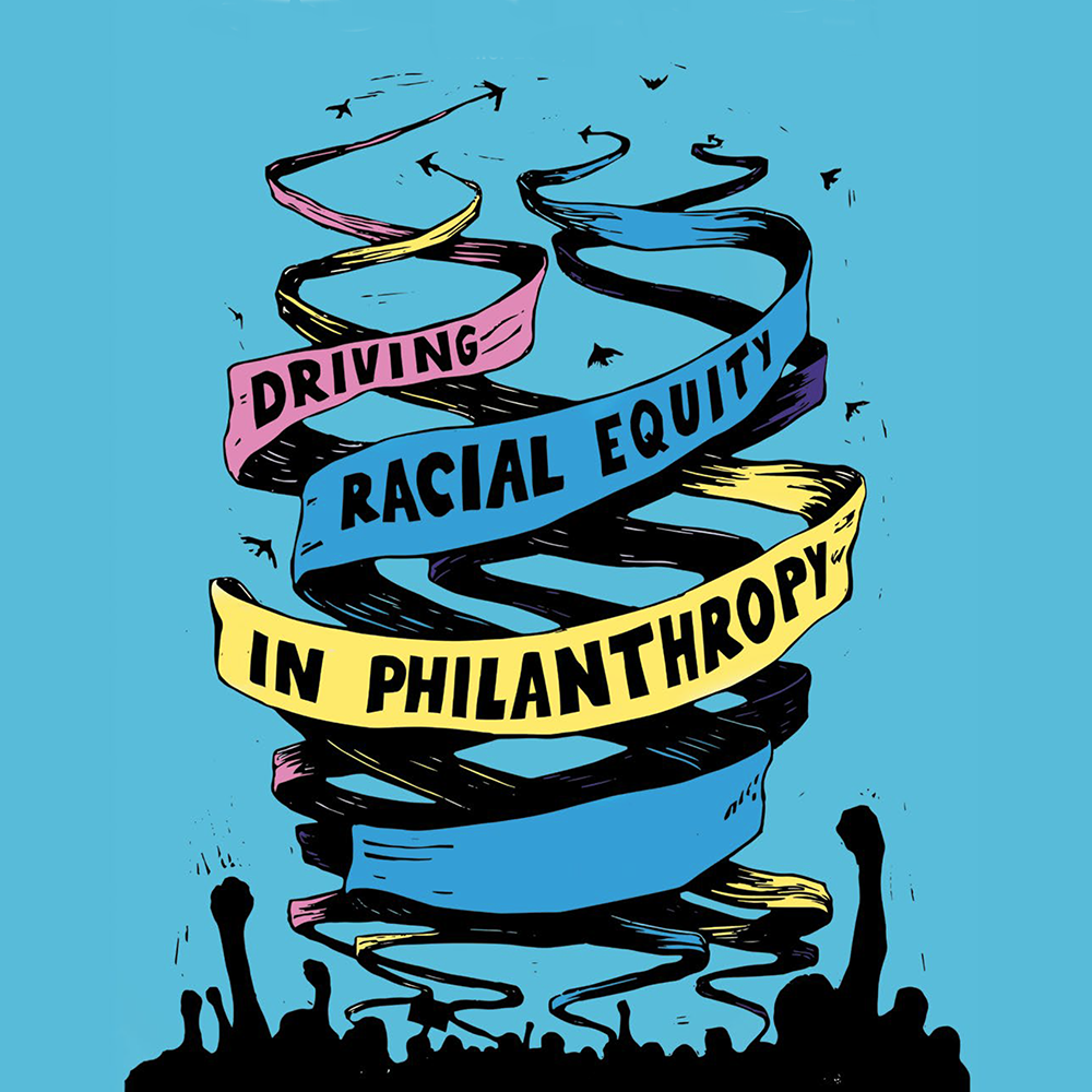 The Journal 19 cover is featured as a gallery piece. Pink, dark blue, and yellow ribbons weave over a crowd of people, who are screenprinted in an inky black. "Driving Racial Equity in Philanthropy" is written across the ribbons.