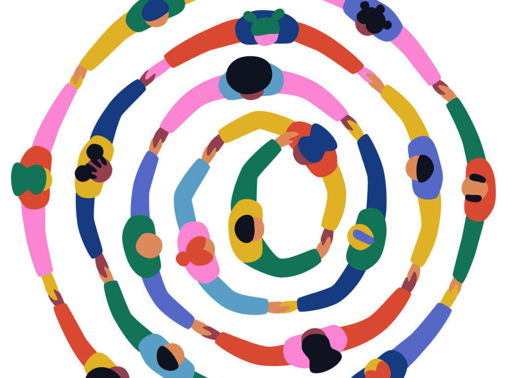 An illustration of group of people holding hands and forming circles