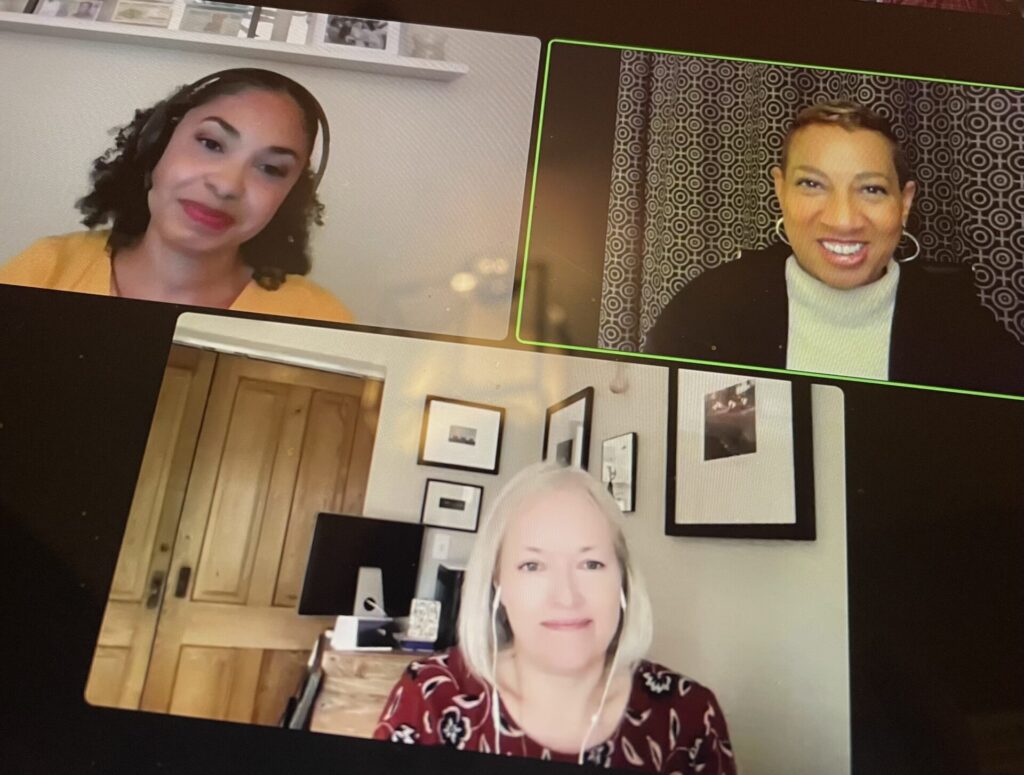 A screenshot of PEAK's virtual Community Conversation with Satonya Fair, Melanie Matthews, and Shantelice White pictured in their respective Zoom windows.