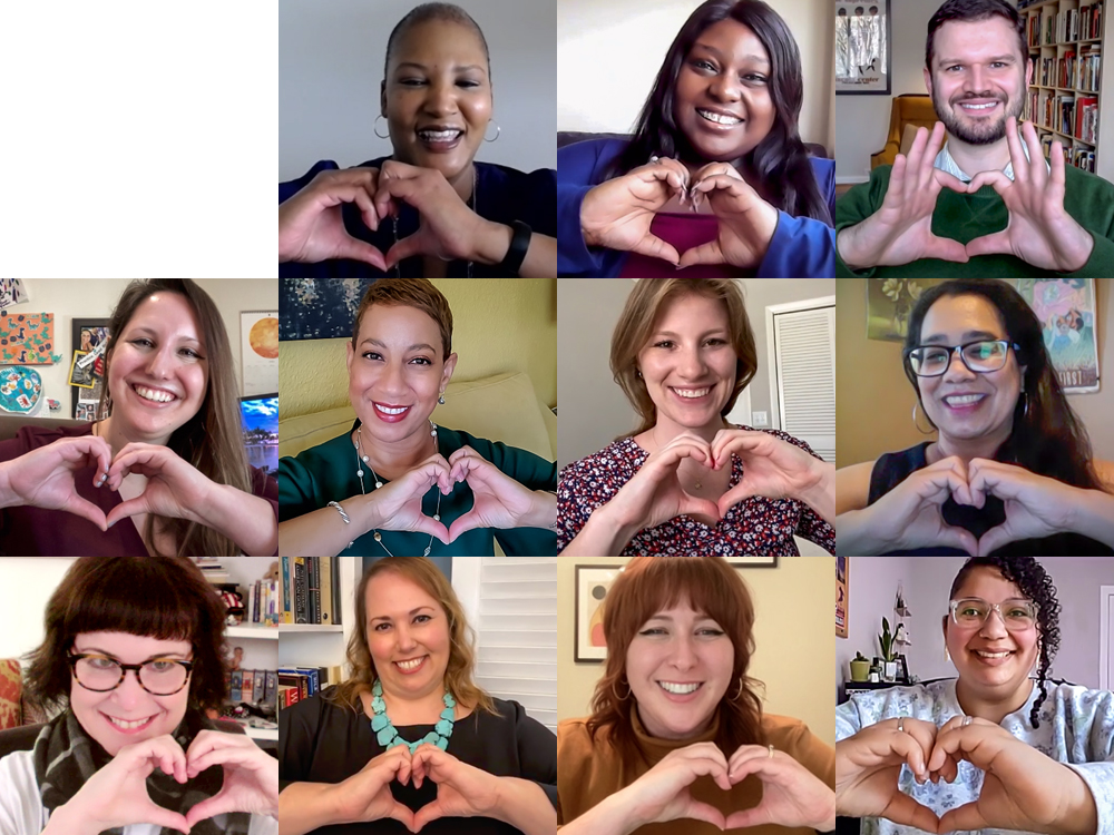 11 photos of PEAK staff members smiling and making hearts with their hands are collaged together.