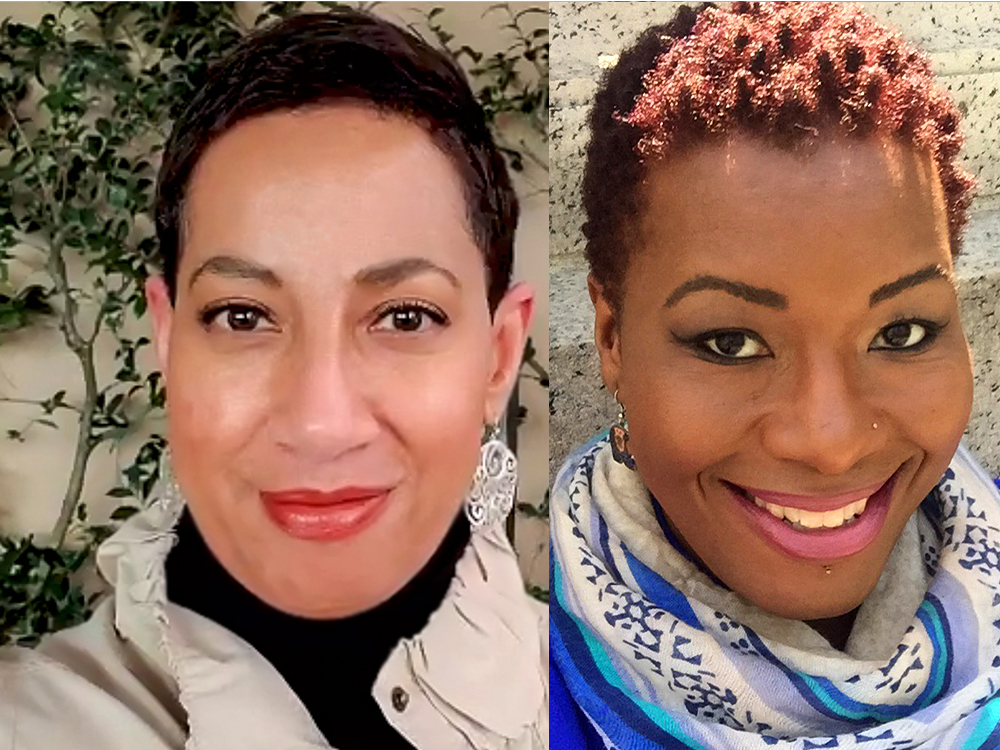 Satonya Fair (left) and Storme Gray (right) are featured in side-by-side headshots. Satonya is a Black woman with short dark hair and is wearing silver earrings with a black and beige top. Storme is a Black woman with curly red hair and is wearing a colorful scarf and blue top.