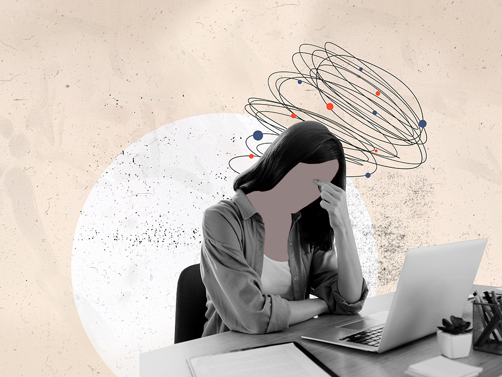 An illustration of a woman seated in front of a computer with her hand on her forehead, expressing exhaustion