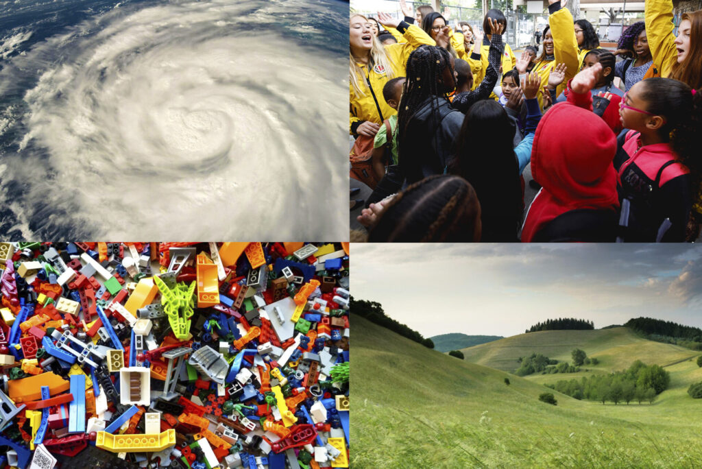 A picture of a hurricane at the top left; a group of people with their hands in the air at the top right; a pile of blocks at the bottom left; green hills and a blue sky at the bottom right.