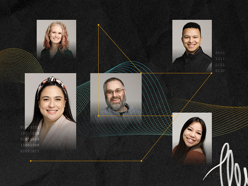 A collage of faces connected by lines and vector points