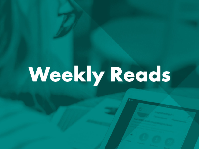 "Weekly Reads" appears in white text over a stylized teal background.