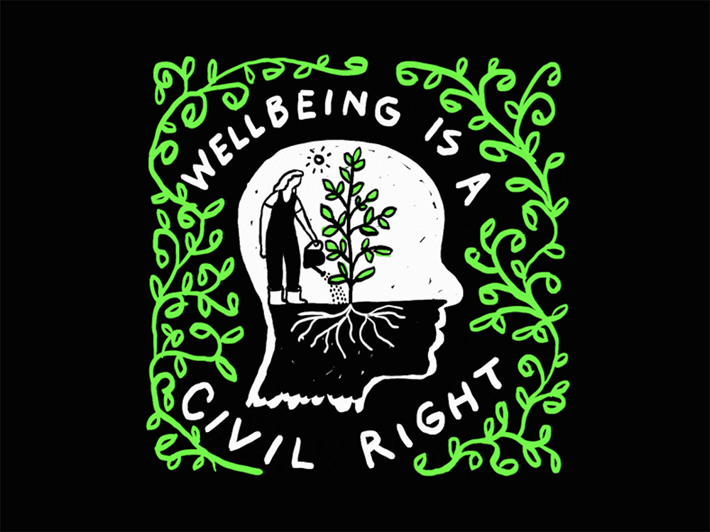 A drawing titled “Wellbeing Is a Civil Right” depicting the shape of a human head in profile, inside of which is the picture of a person watering a tree so that it can grow and thrive