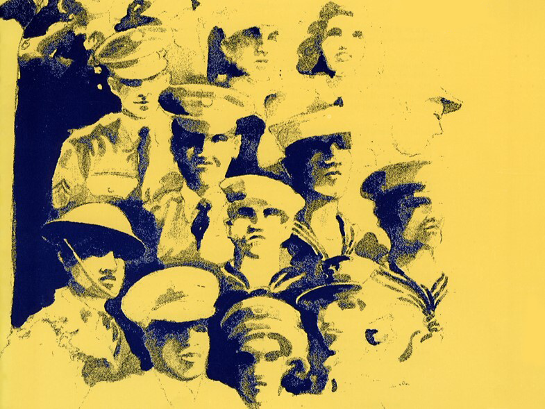 An abstract watercolor collage of faces representing people who serve in different branches of the US military